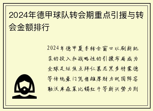 2024年德甲球队转会期重点引援与转会金额排行
