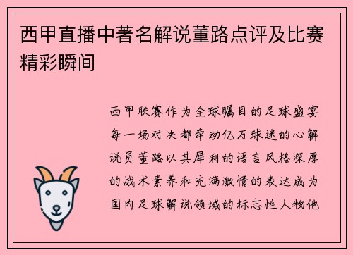 西甲直播中著名解说董路点评及比赛精彩瞬间